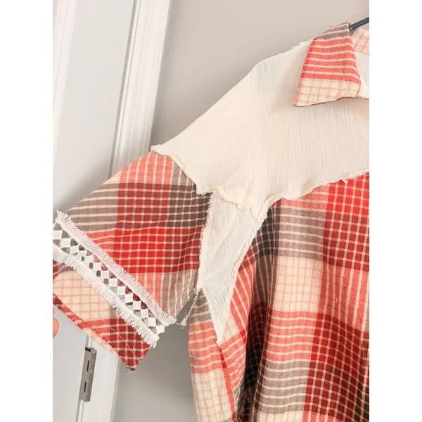 POL Plaid Patchwork Top Women Medium Orange Raw Hem Crochet Quarter Zip - Image 2