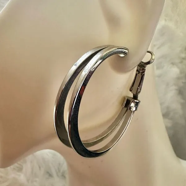 Silver tone double hoop earrings - Image 2