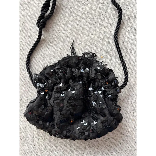 Sparkly Black Sequin Ruched Drawstring Evening‎ Bag - Image 2