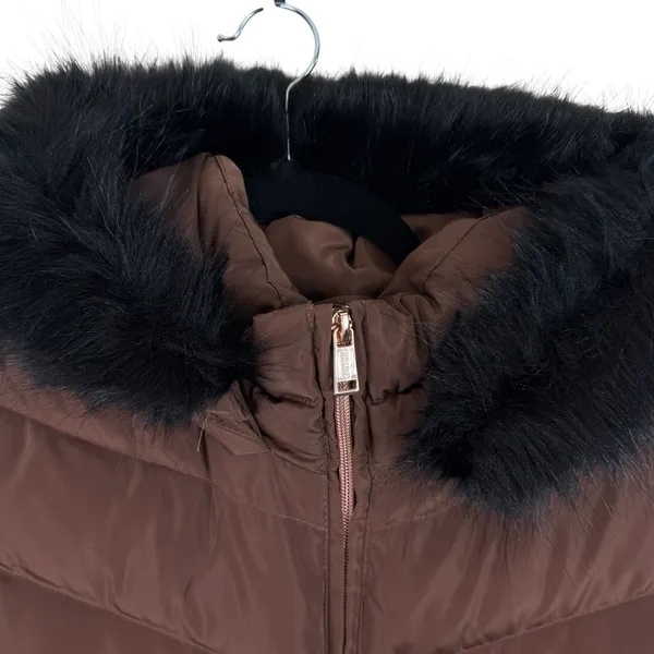 GUESS‎ Janina Brown Long Line Faux Fur Hood Full Zip Down Puffer Jacket Size L - Image 5