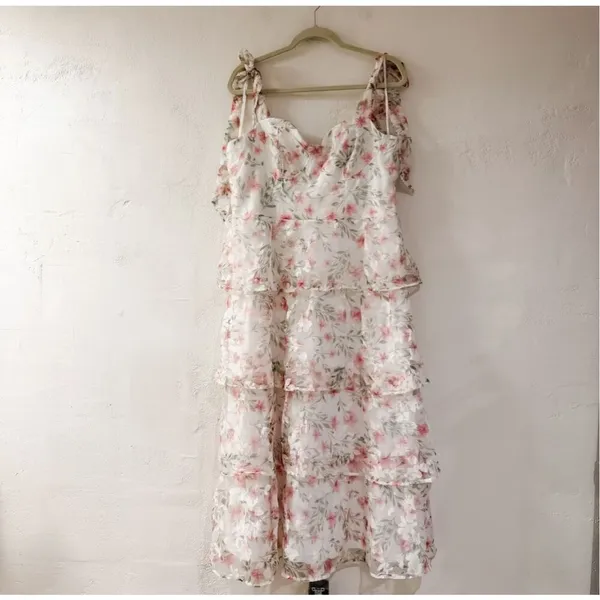 Lulu’s Endlessly Gorgeous Burnout Tie-Strap Midi Dress in White Pink Floral XL - Image 2