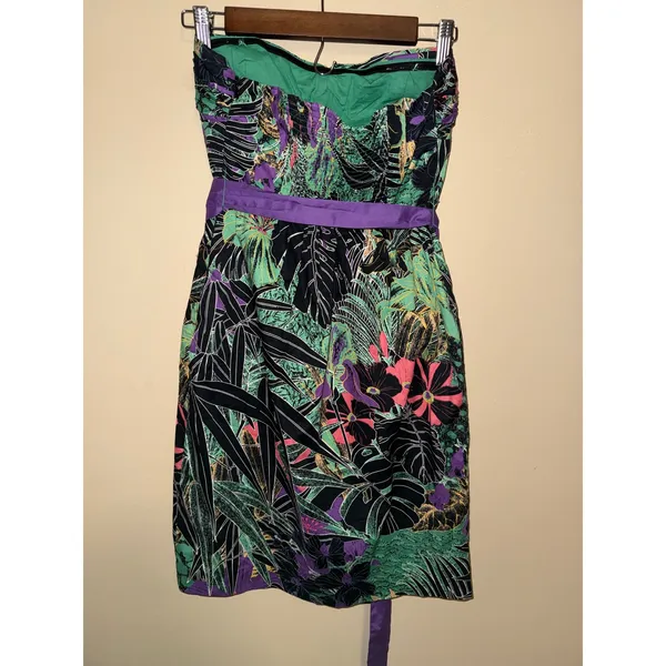 Edme & Esyllte Tropical Botanical Strapless MiniDress Purple Sash Green 2 Resort - Image 3