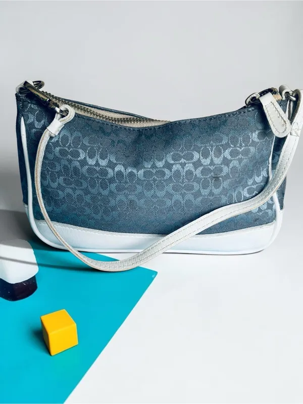 Coach Gray-Blue Signature Jacquard Shoulder Bag with White Trim - Image 2