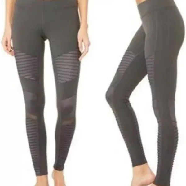 Alo Yoga Size Medium Low Waist Grey Moto Legging Athletic Textured Mesh Pant - Image 3