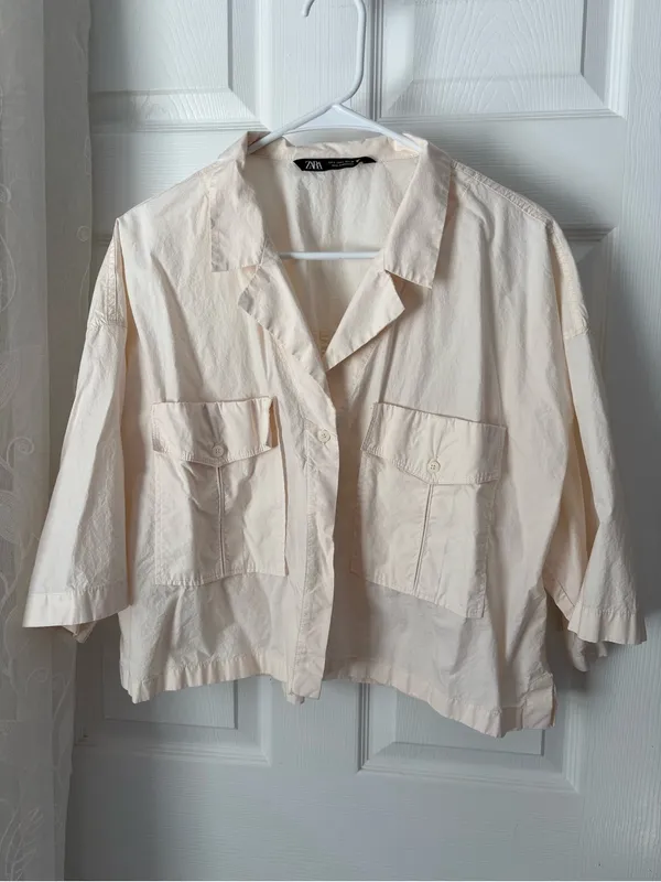 Zara Cropped Utility button front shirt women size L cotton front big pockets - Image 2