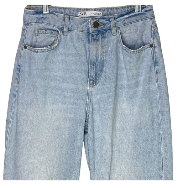 ZARA Vintage Relaxed Style High Rise Wide Leg Raw Hem Casual Cotton Jean 4 Blue - Image 2