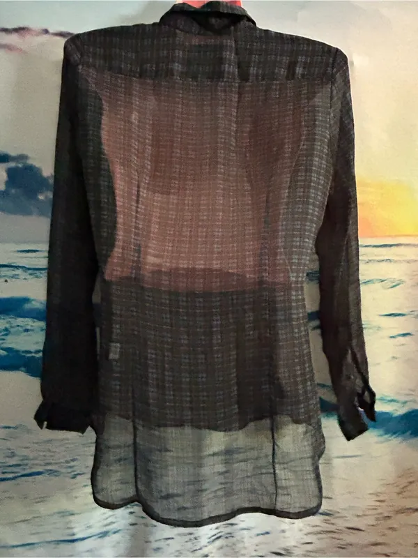 American Eagle Women’s Sheer Black Plaid Button-Up Blouse SM - Image 2