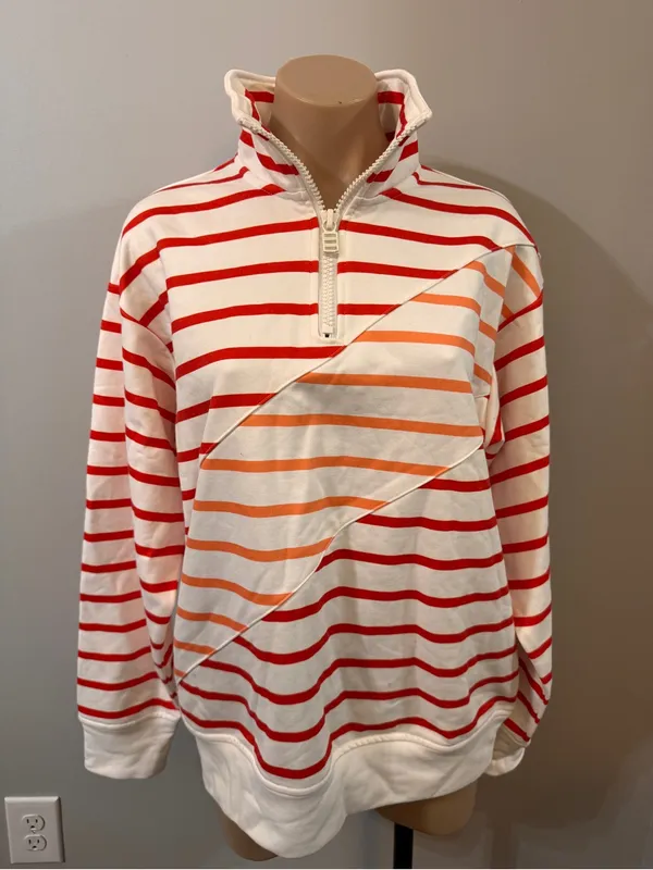 Solid & Striped Pullover Medium Quarter Zip Orange Red Beach Cover Up Terry - Image 2