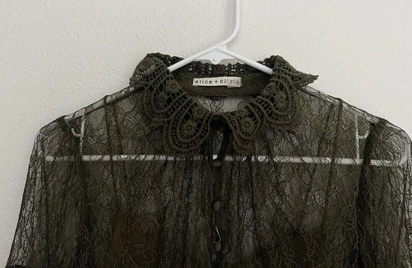 Alice + Olivia Moss Green Bell-Sleeve Crochet Collared Top Boho Fairy Grunge Witchy Ethereal - Image 6