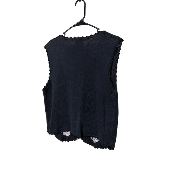 Vintage JENNY Black Embroidered Floral Button‎ Front V-Neck Knit Vest M - Image 5