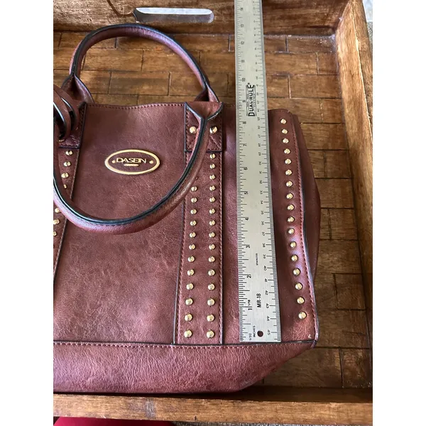 Dasein Brown Vegan Leather Studded Tote Bag Satchel with Matching Pouch Gold EUC - Image 11