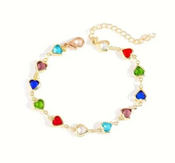 Elegant Heart Charm Bracelet in Gold with Multicolor Accents - Image 3