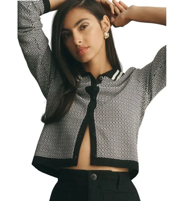 Anthropologie Maeve Preppy Black/White Cropped Plunging Polo Cardigan Size Small - Image 3