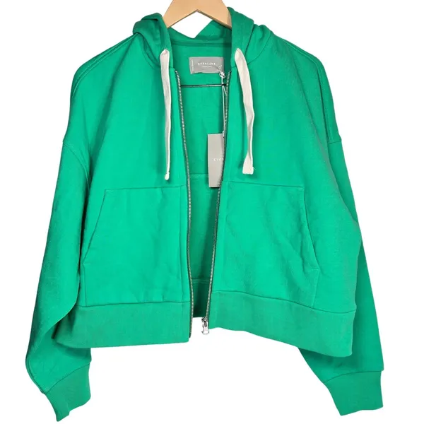 Everlane Organic Cotton Full Zip Hoodie Bright Jade Green Size Small‎ Cropped - Image 3