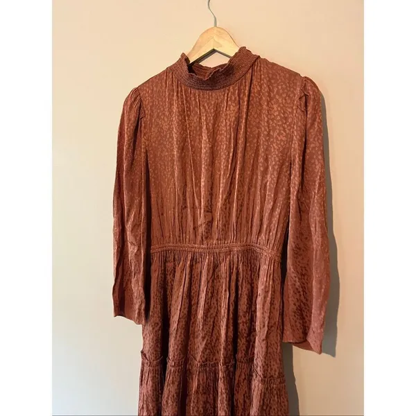 Madewell Mockneck Ruffle Hem Mini Dress Cheetah Jacquard Smocked Brown Copper M - Image 3
