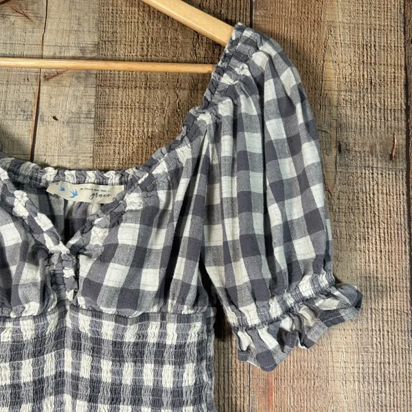 Her Entire Name Says Grace Gray White Gingham Smocked Milkmaid Mini Dress S Puff - Image 4