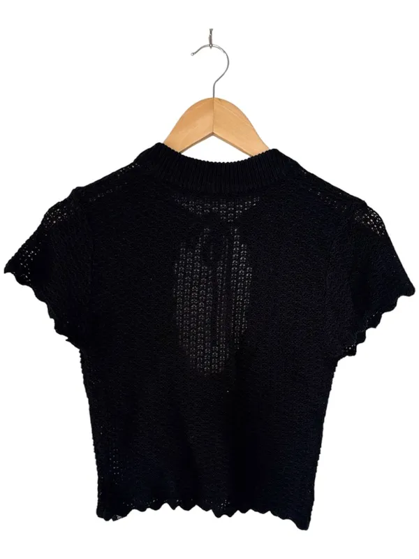 Tiger Mist Black Open Knit Keyhole Crop Top Small Scalloped Festival Coquette - Image 2