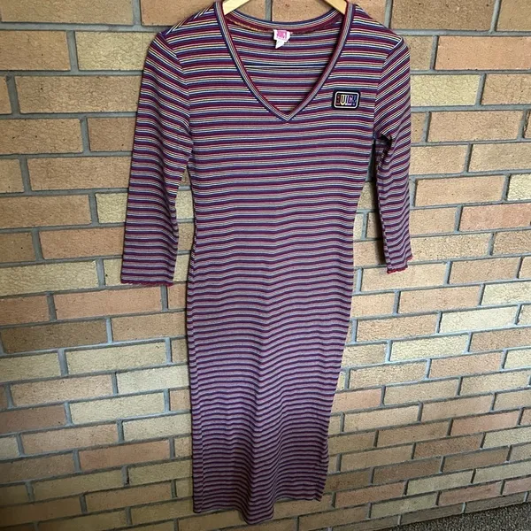 Juicy Couture Womens Midi Dress Multicolored Stripe Rib Knit Side Slit Small - Image 2