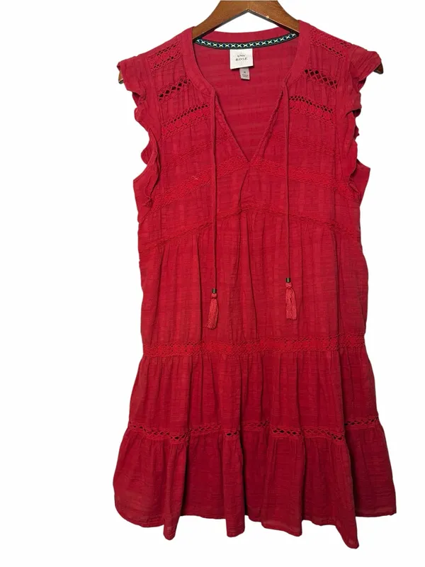 Knox Rose Red Boho Cotton Tiered Mini Dress Crochet Lace Tassel Tie Medium - Image 2