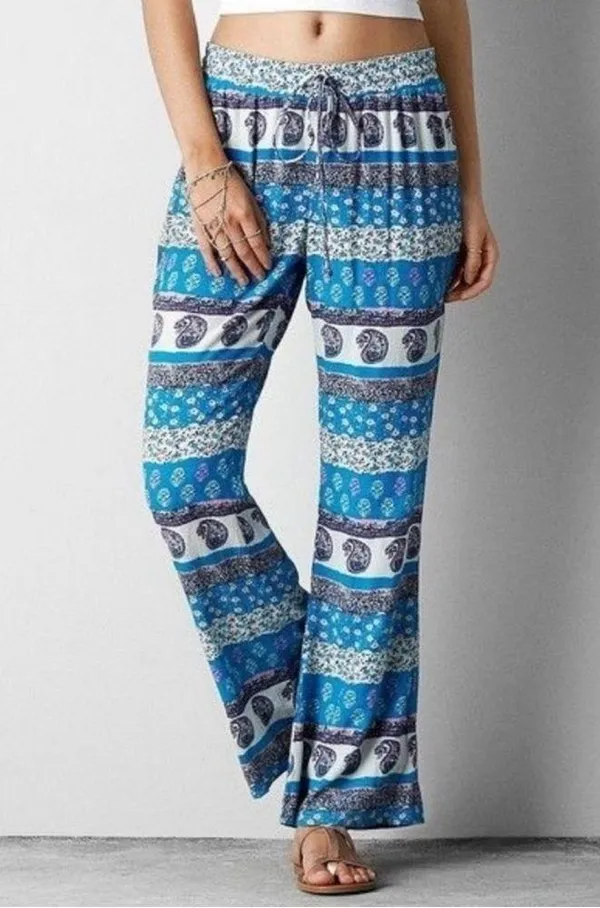 American Eagle large boho wide leg drawstring pants paisley striped blue pink - Image 5