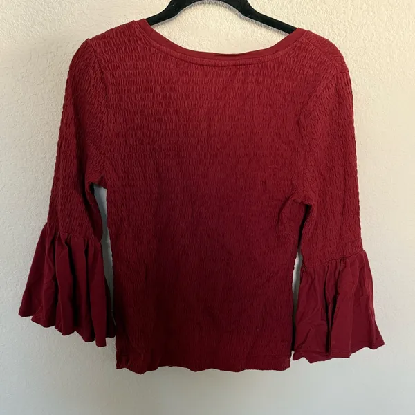 Anthropologie Smocked Bell-Sleeve Top Shirt Blouse Wine Red Burgundy Medium - Image 7