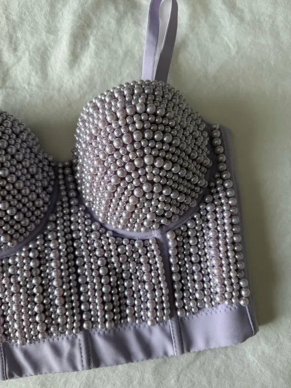 Light Purple Pearl Beaded Bustier Crop Top Size XS - Image 3
