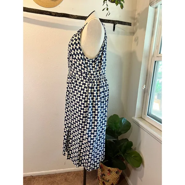 Ava & Viv Blue Linen Blend Mod Retro Print High Neck A Line Dress Size 2X - Image 4