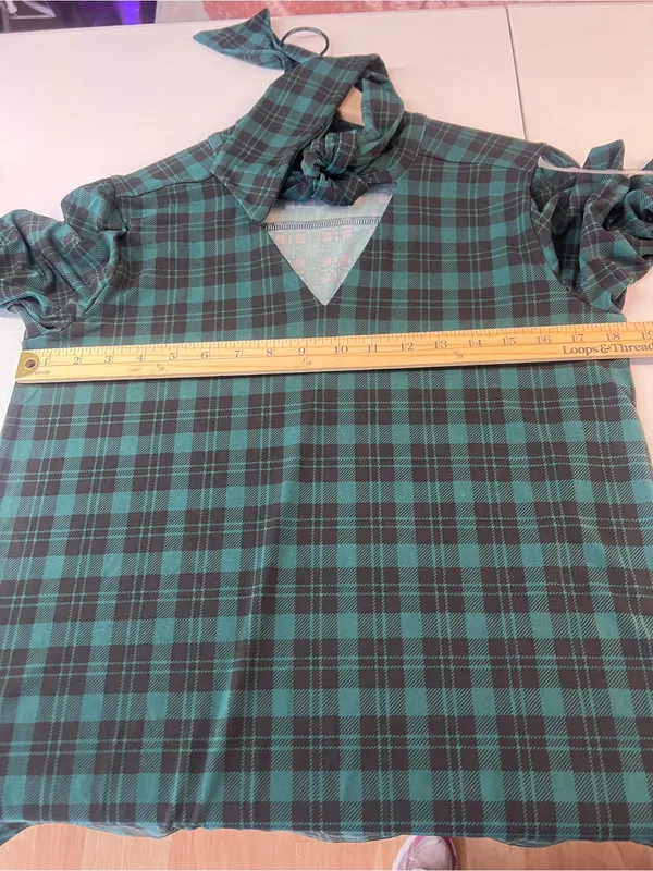 Ann Taylor Stretch Jersey Knit Green Black Plaid Tie-Neck Blouse Size S‎ - Image 11
