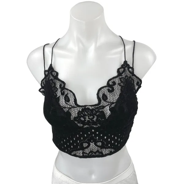 Free People Madonna Black Velvet Floral Lace Strappy Cami Bralette Top Size M - Image 2