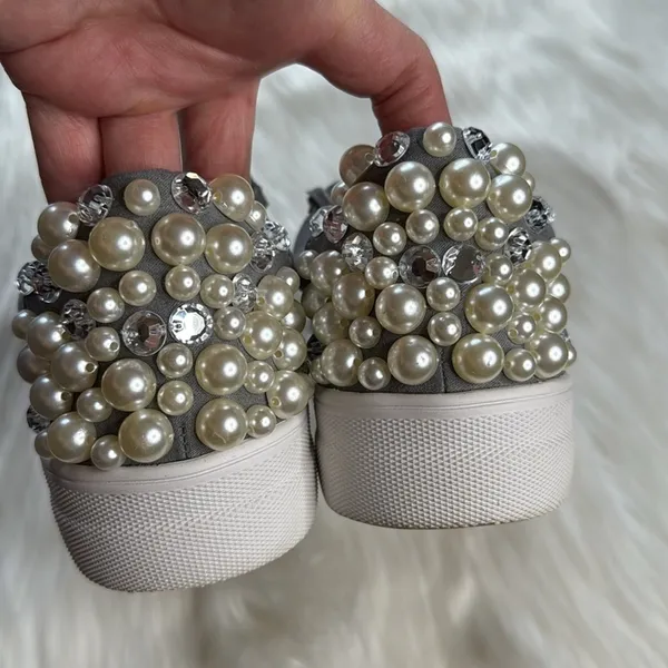 Steve Madden Gray Grit Pearl and Rhinestone Embellished Platform Sneakers - Image 8
