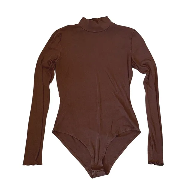 Cider Brown Ribbed Mock‎ Neck Long Sleeve Bodysuit Women's Large - Image 2