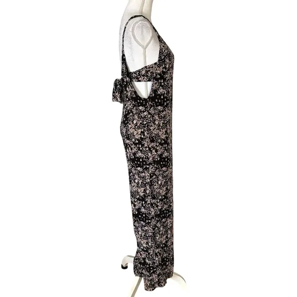 Lulus Size S Black Floral Print Jumpsuit Wide Leg Tie Back Pockets V Neck - Image 2