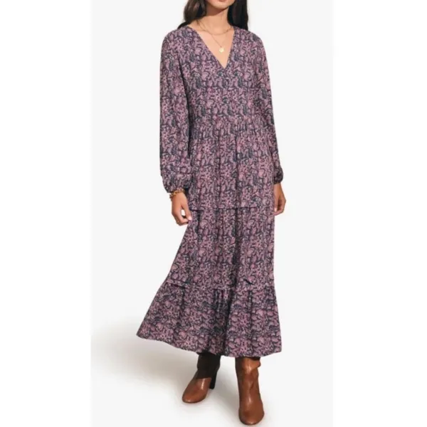 Faherty Isabella Tiered Midi Maxi Dress XL Dark Paisley Floral Long Sleeve Boho - Image 2