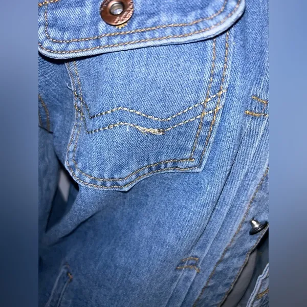 Denim Varsity Jacket Button Front Patches Pockets Size Medium Y2K Retro Vibe Blue - Image 6