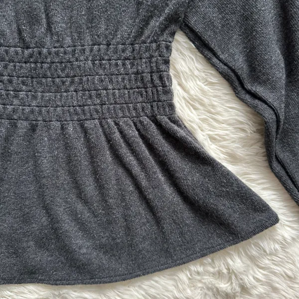 Sweater Plush Square-Neck Smocked Top Long Sleeve Dark Gray M - Image 7