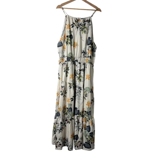 Floral Maxi Dress Women 2XL Cream Tropical Boho Tiered Halter Sleeveless Spring - Image 3