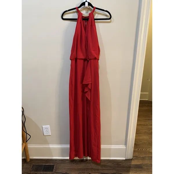NEW XSCAPE Red RUFFLE‎ CHIFFON Gold Metal NECKLINE Halter EVENING Dress GOWN 4 - Image 3