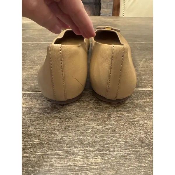 TORY BURCH BEIGE LEATHER HUGO‎ BOW POINT TOE GOLD REVA BALLET FLATS Size 8.5 - Image 3