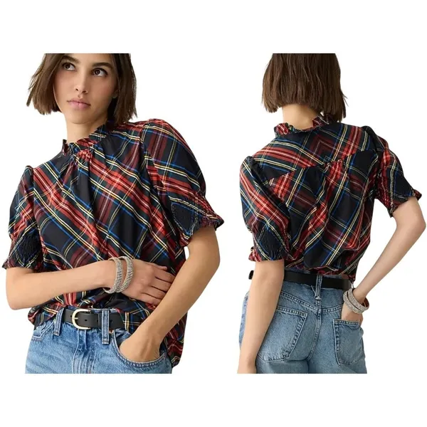 J. Crew Womens BN162‎ Tartan Plaid Ruffle Neck Puff Sleeve Cotton Top Small - Image 9