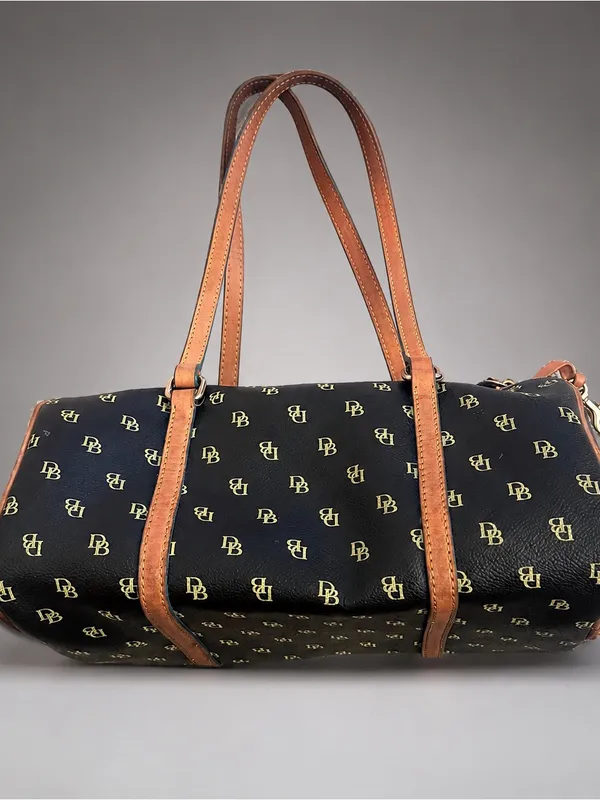 Dooney Bourke Y2K Signature Monogram Barrel Shoulder Bag Dark Brown Leather Trim - Image 3