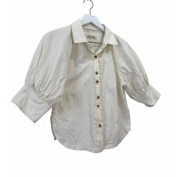 Free People White Puff Sleeve Button Front Cotton Blouse Top Size X-Small - Image 4