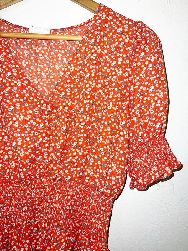 Sienna Sky Bright Orange Floral Smocked Peplum Short Sleeve Blouse - Image 2