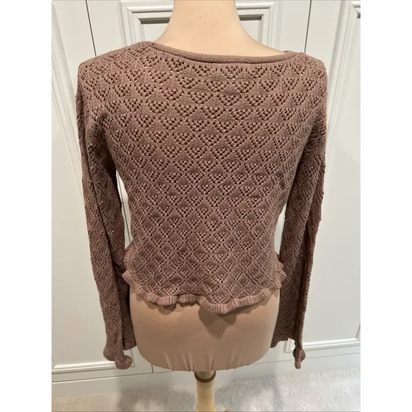 Sincerely Jules Brown Pointelle Crop Sweater Festival Boho Fairy Open Knit - Image 4