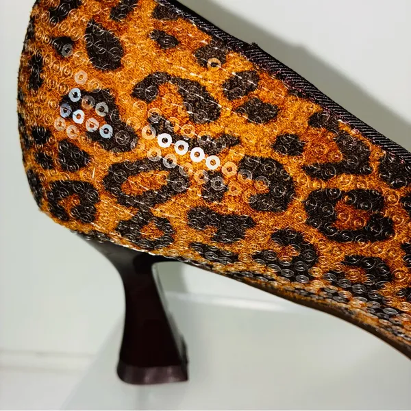 Brown Leopard Print Sequins Heels with Sculptural Curved Heel - Image 6