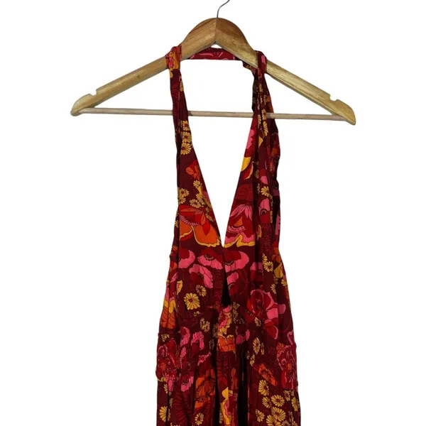 NWT Zesica Halter Floral Maxi Dress Red Boho Tiered Smocked Backless Size S - Image 4