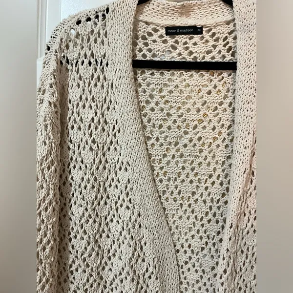 moon & madison Open Knit Cardigan Oatmeal Natural Crochet Neutral Sz M - Image 3