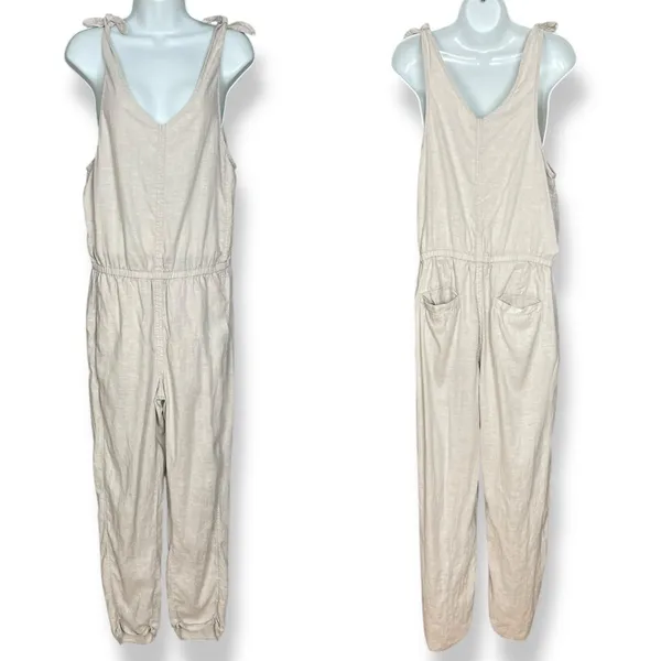 Toad&Co Tara Hemp Jumpsuit Size Small Oatmeal Chambray One Piece Tie‎ Shoulders - Image 2