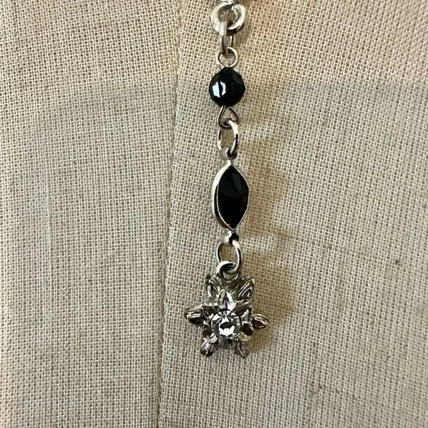 silver tone and black floral rhinestone pendant necklace - Image 11