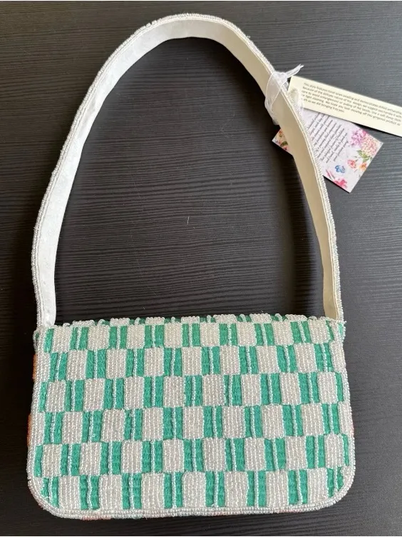 Handcrafted Lobster Crawfish Beaded shoulder Bag Checked stripped Sparkly NWT - Image 7