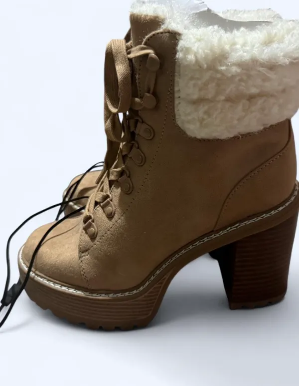 Express Faux Suede Shearling Lined Lace-Up Platform Heeled Booties 7 - Image 2